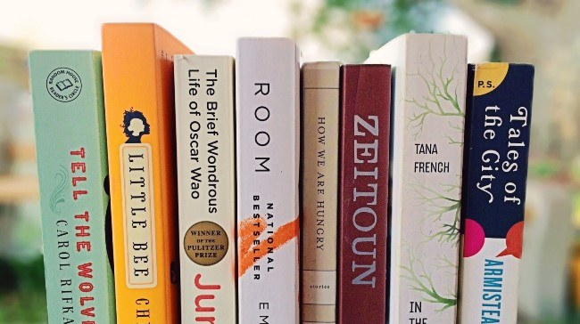 Книга на полке в библиотеке, издание на фоне мебели.