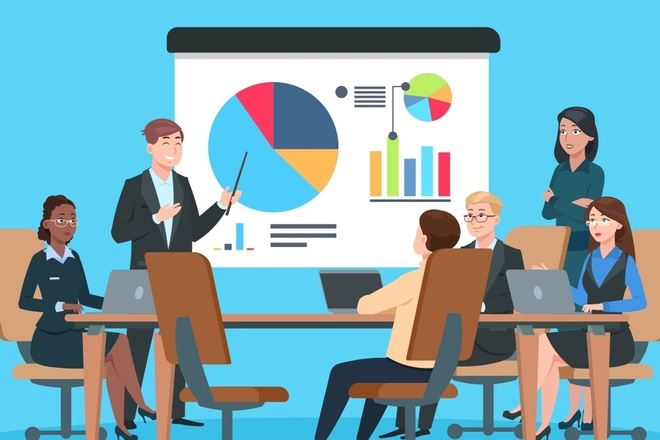 Человек в костюме на семинаре с ноутбуком, сидящий на стуле.