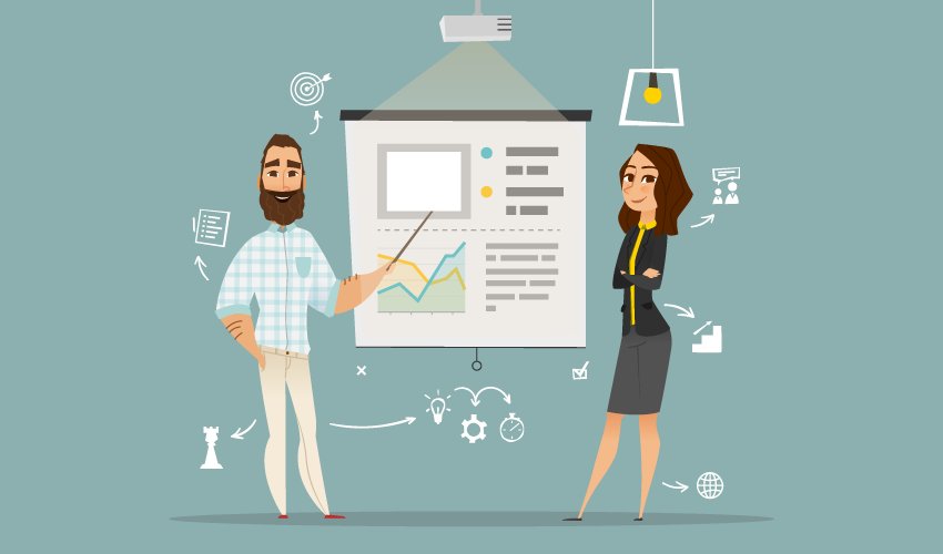 Человек смотрит на диаграмму, изображенную на экране, сосредоточенный и внимательный.