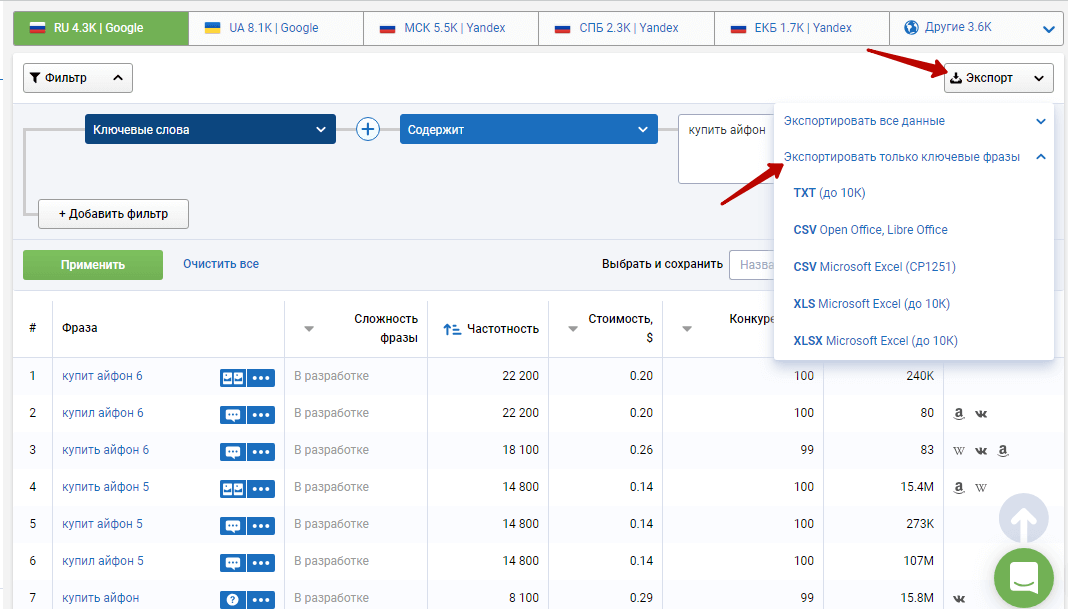 Экспорт ключевых слов