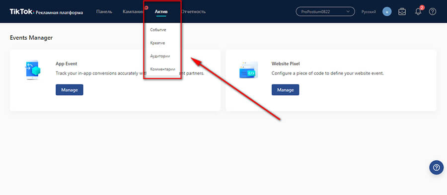 Настройки рекламного кабинета ТикТок