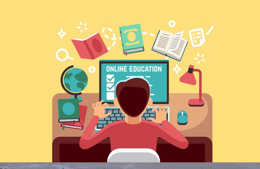 "Person reading an advertisement poster about electronics and computers with laptop and book."