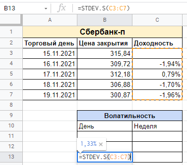 Расчет стандартного отклонения за день