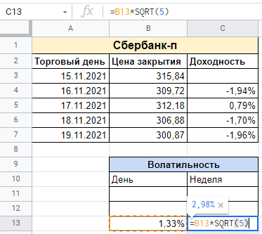 Расчет стандартного отклонения за неделю