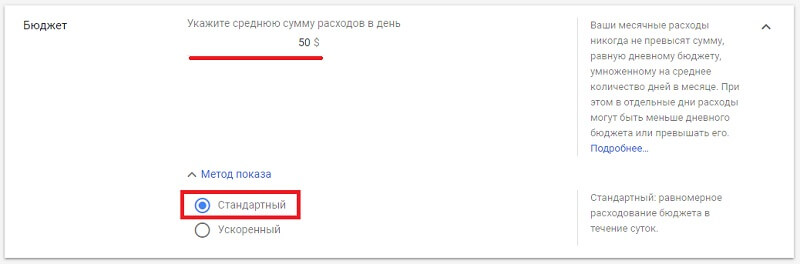 Бюджет и метод показа
