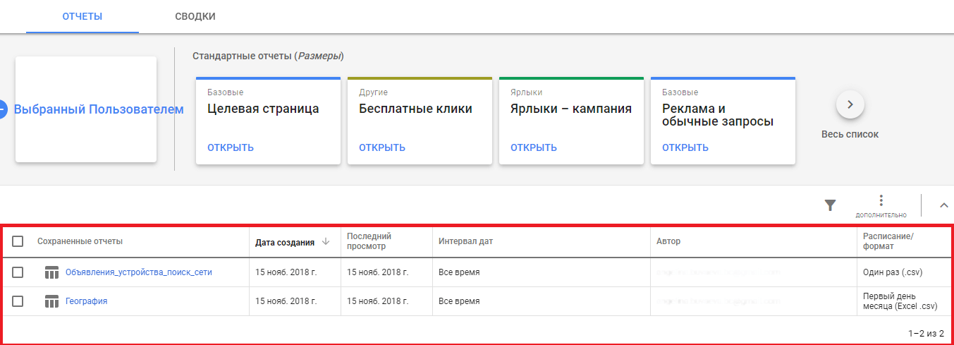 Новый пользовательский отчёт Гугл