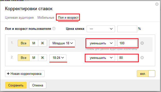 Корректировка ставок по полу и возрасту