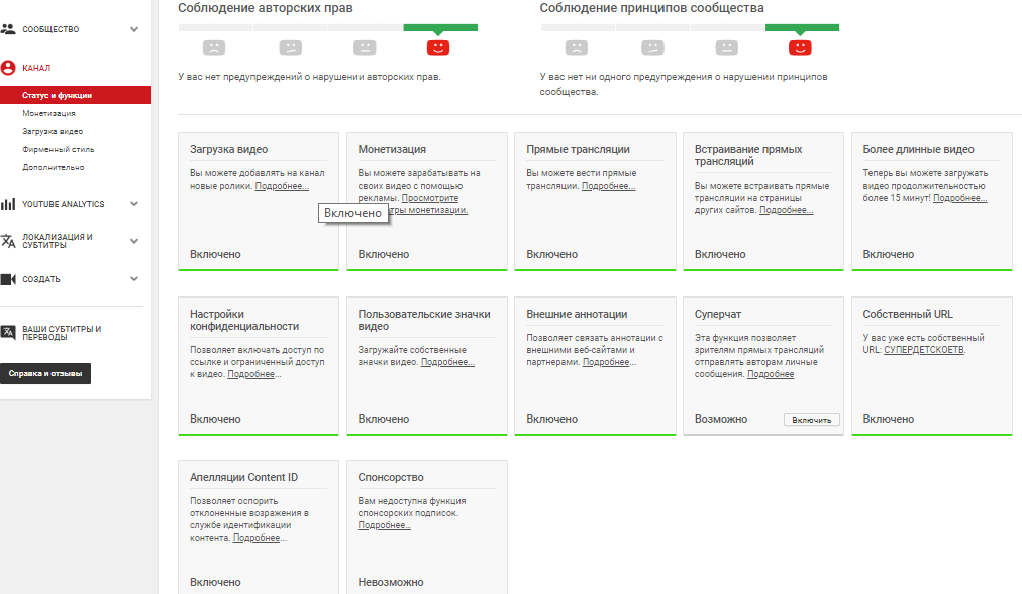 Статус и функции канала