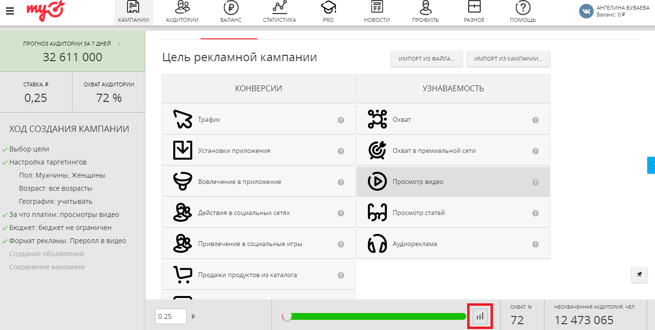 Настройка охвата mytarget