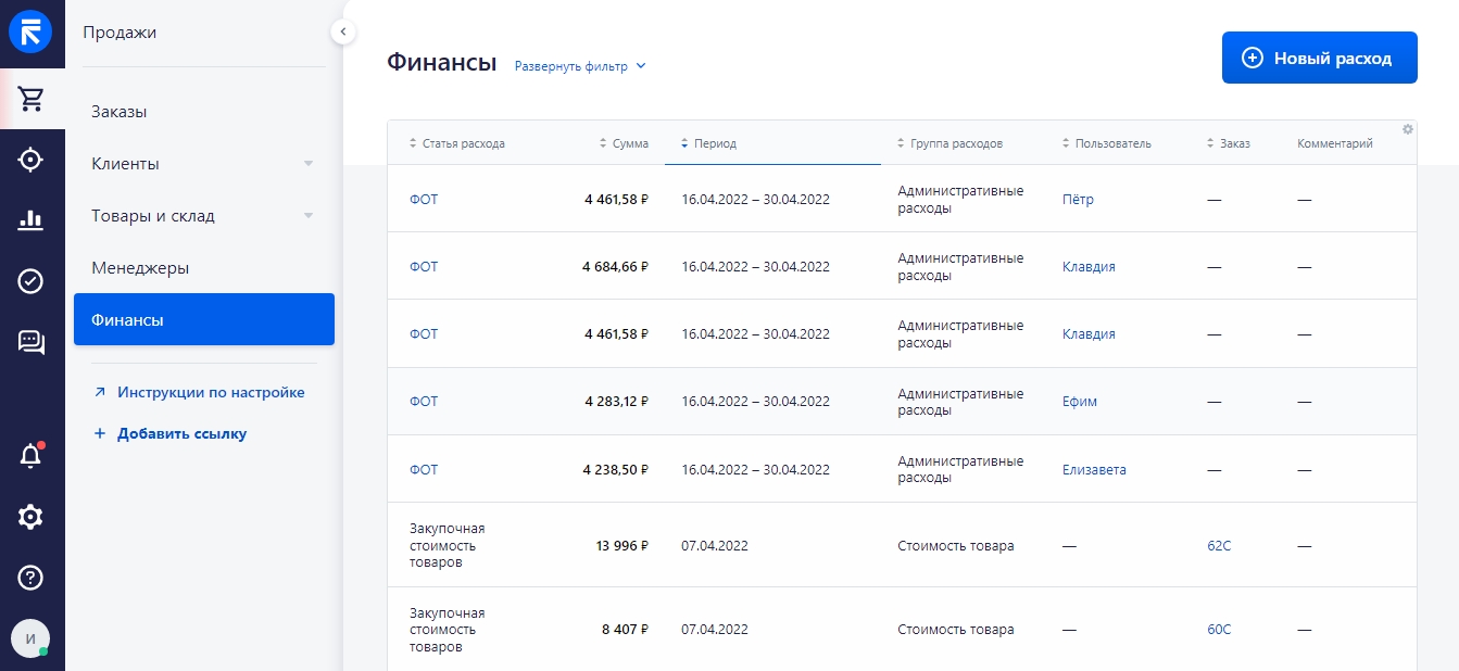 Отчет по финансом RetailCRM