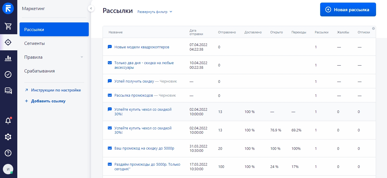 Отслеживание рассылки в ретеил-crm