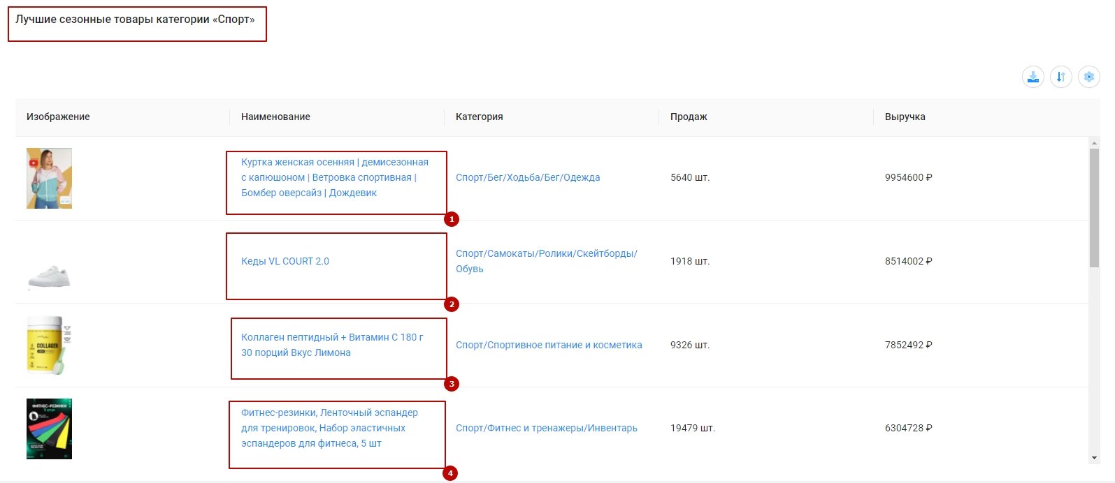 сезонные товары категории спорт на WB