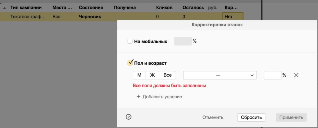 Редактирование новой кампании в Директ Коммандере