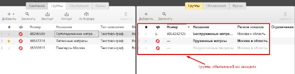 Группы объявлений в интерфейсе Директ Коммандера