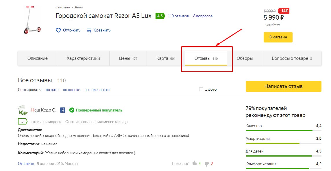 Отзывы в карточке товара