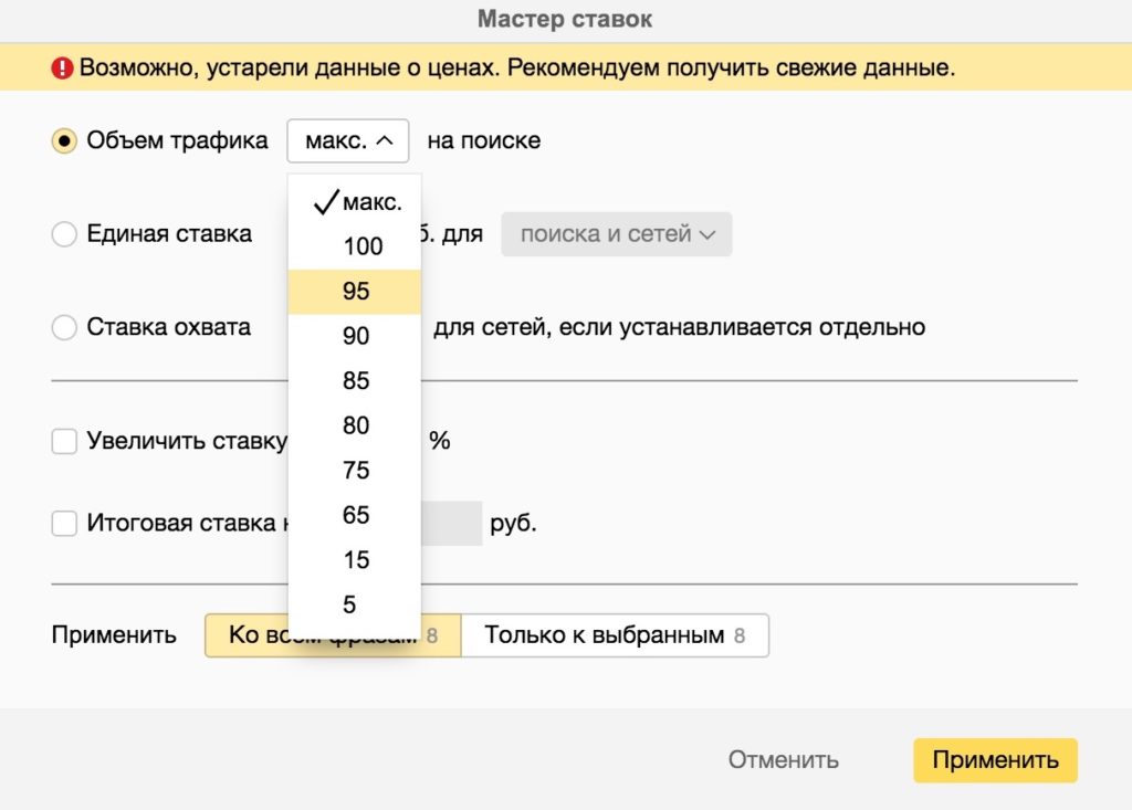 Назначение ставки для объема трафика на поиске