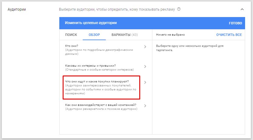 Настройка аудитории по намерениям