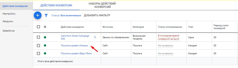 Настройка действия конверсии