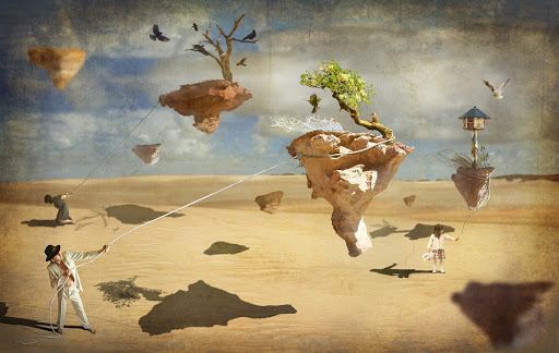 Картина человека, птицы и животного, на фоне искусства на открытом воздухе.