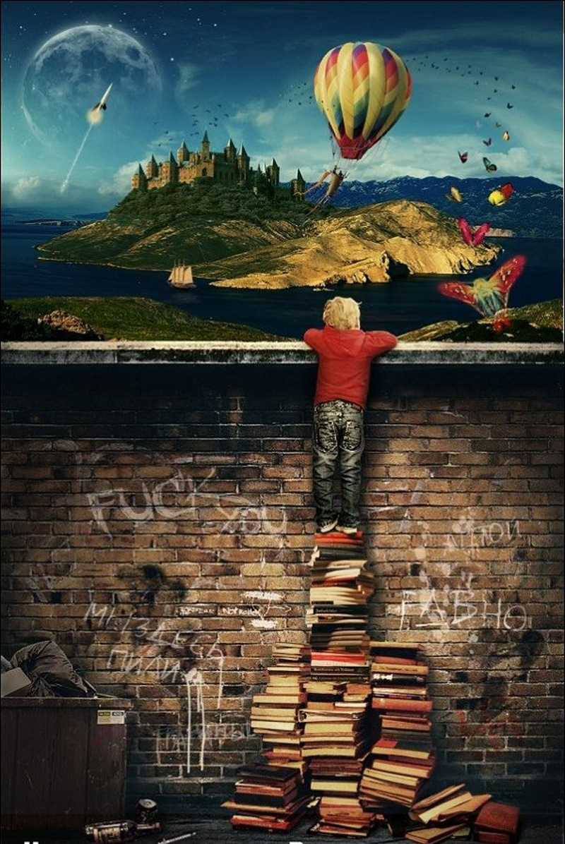 Человек в джинсах с книгой, на фоне пейзажа с воздушным шаром и самолетом.