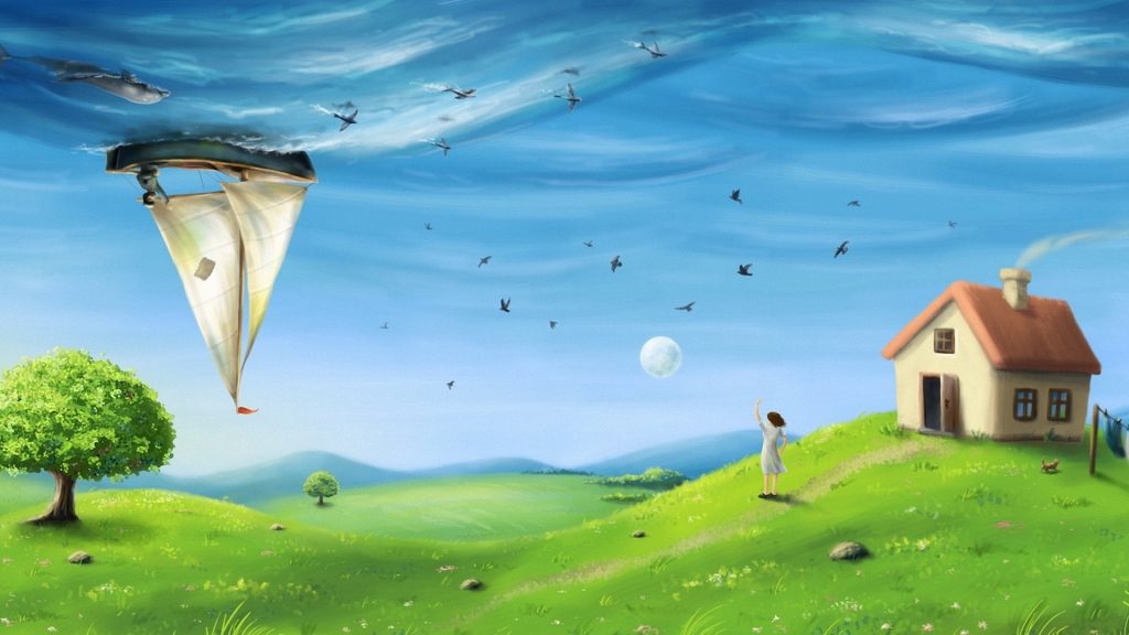 Пейзаж с природой, человеком и птицей, покрывает траву у копны, напоминает картину.