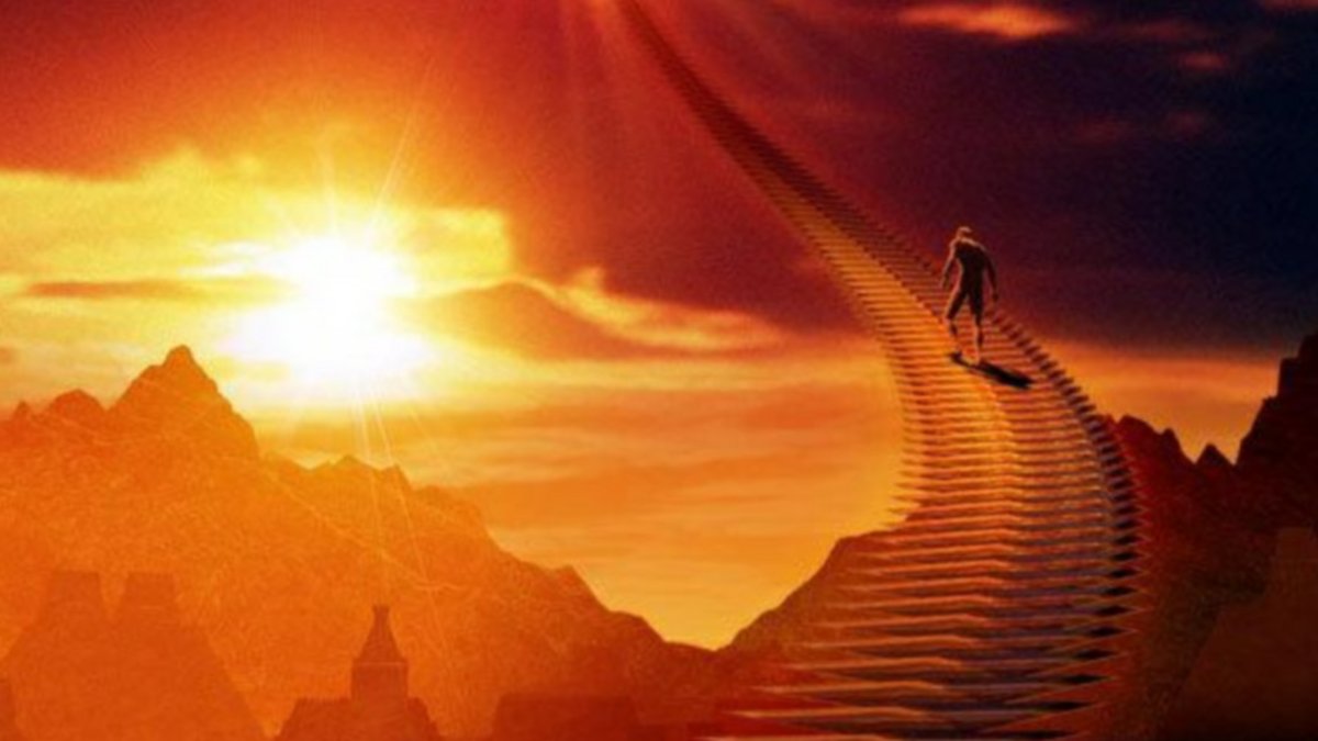 Пейзаж с человеком и солнцем на фоне природы и неба в наружном пространстве.