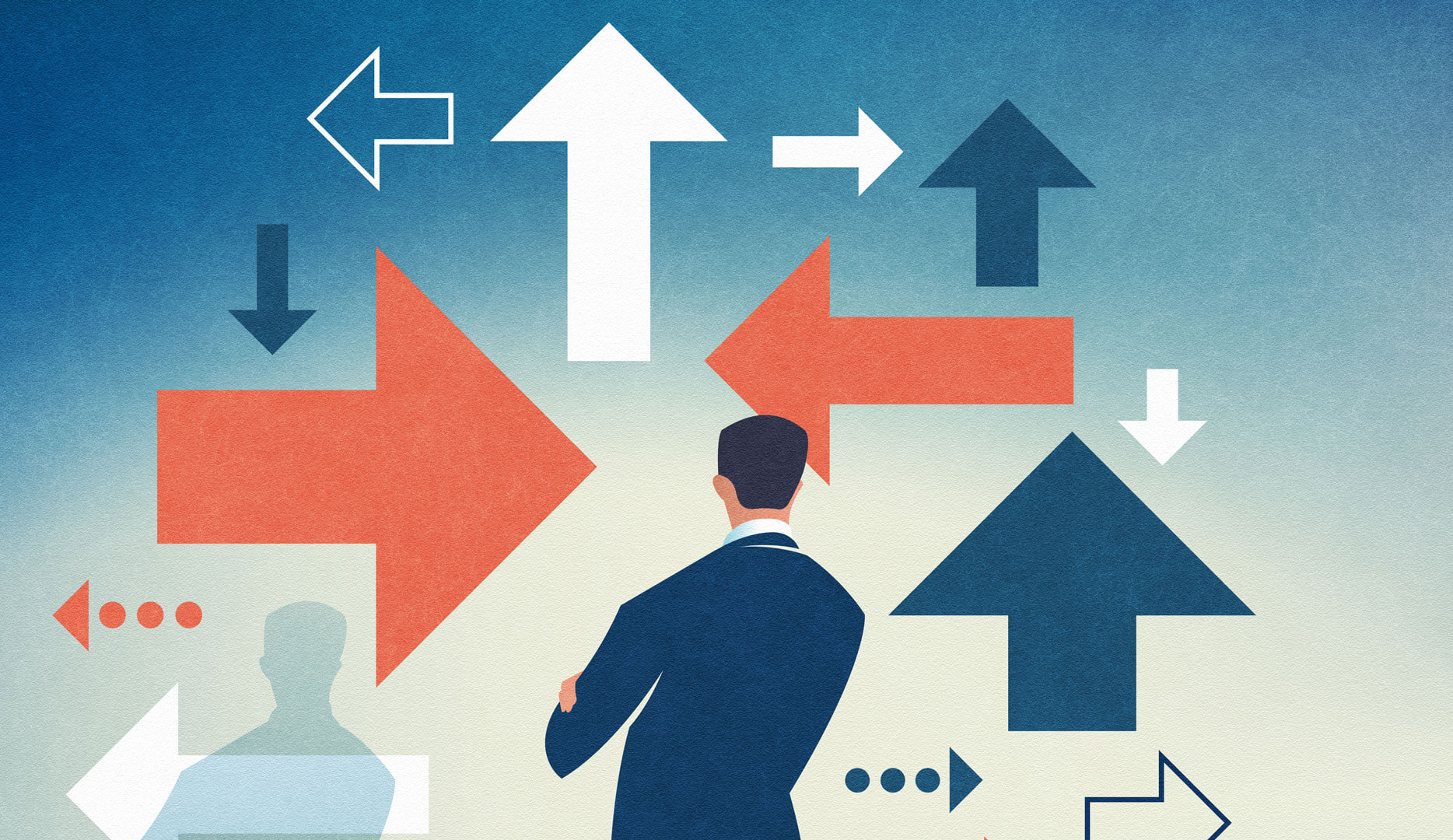 Взрослый мужчина с бизнес-картой на фоне символов и текста.