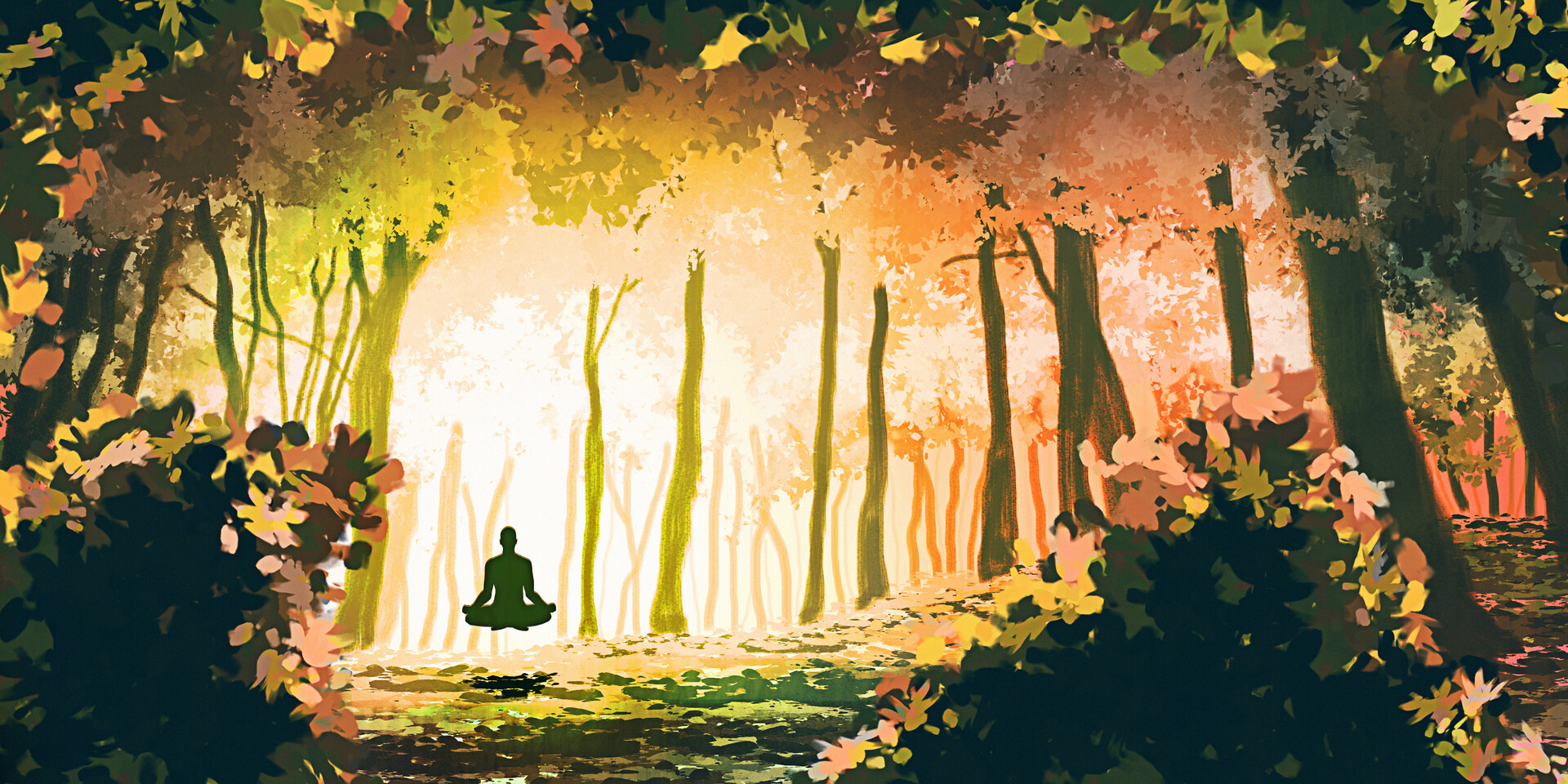 Изображение человека, живописующего листву и деревья в лесной роще под солнечным светом.