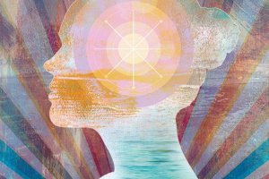 Современное искусство: картина с изображением человека, обрамленного светом и графикой.