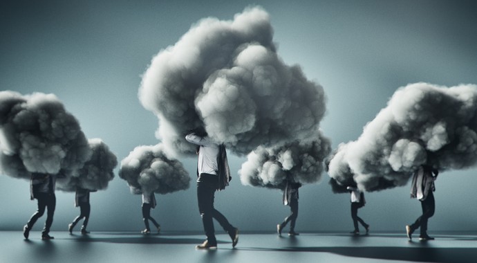 Женщина взрослого возраста с сумкой идет по улице через дым от загрязнения.