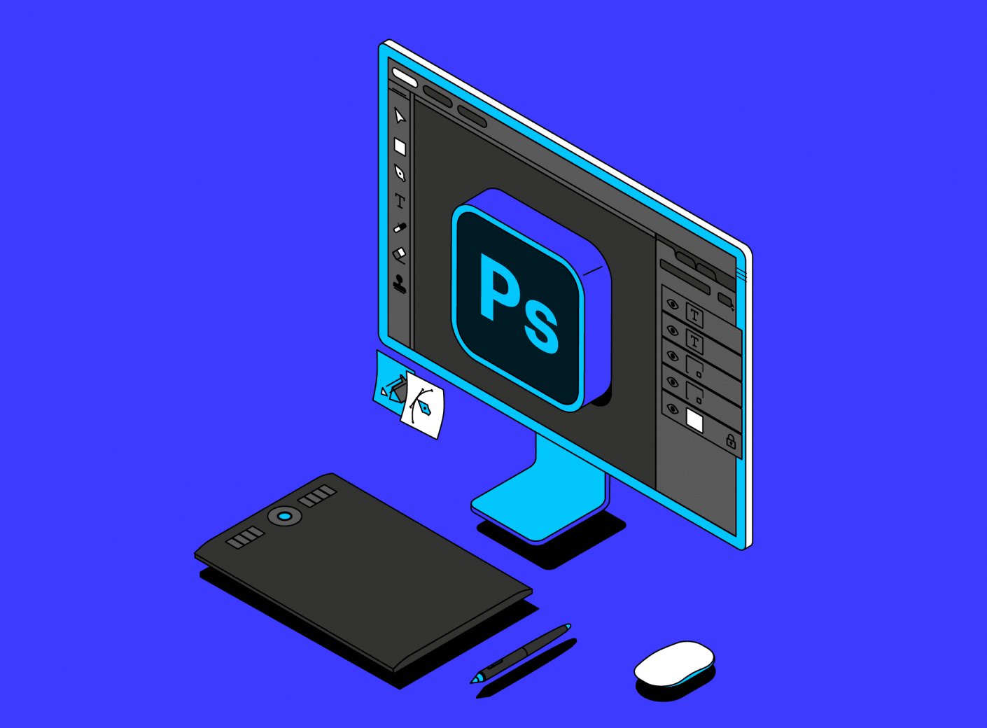 Компьютер с монитором и электроникой на фоне - оборудование и аппаратура.