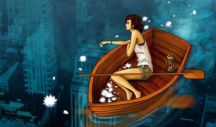 Женщина на лодке с вёслами на водном транспорте с высокой скоростью.