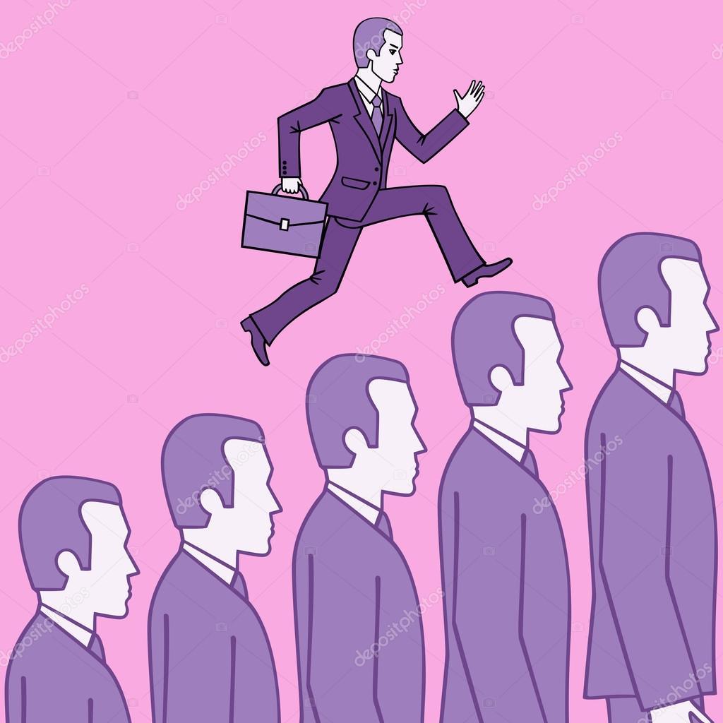 Мужчина в пальто с портфелем и смешной маской лица, комиксный стиль.