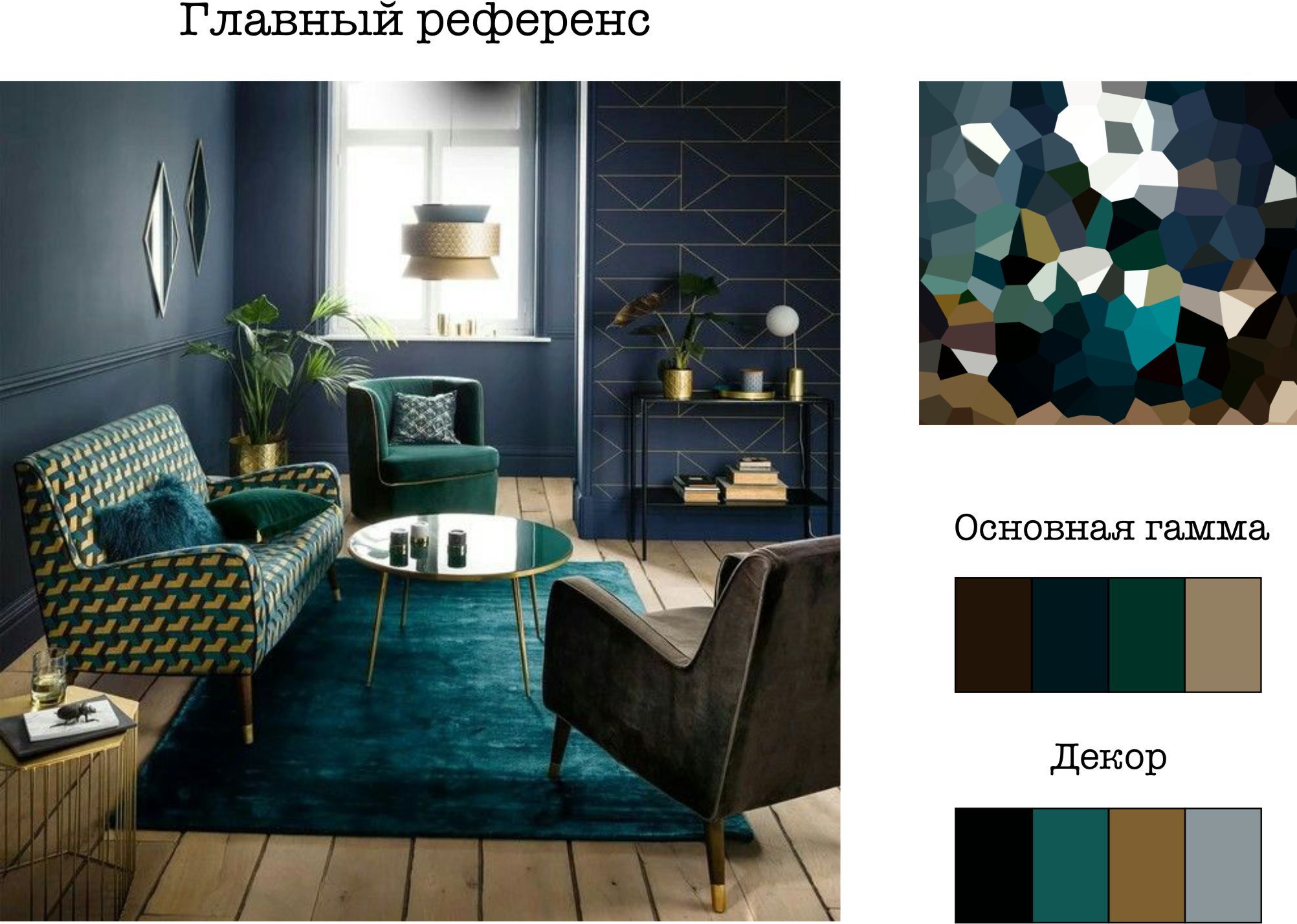 Столик для кофе и мебель для гостиной: диван, кресло, декор для дома.