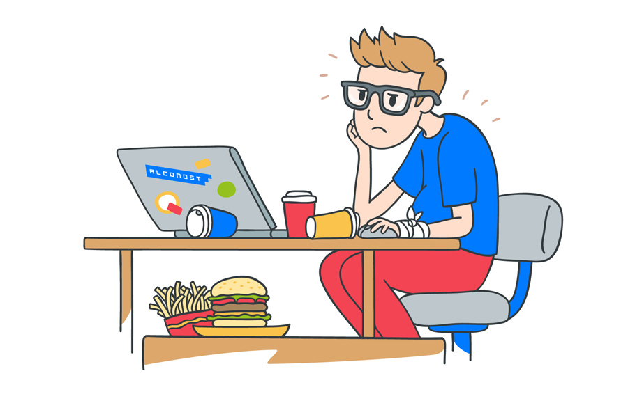 Человек читает комиксы за столом с бургером, компьютером и мебелью.