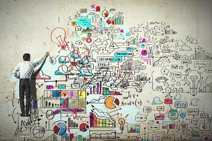 Художественная современная рисованная дудл-работа взрослого мужчины на стене.