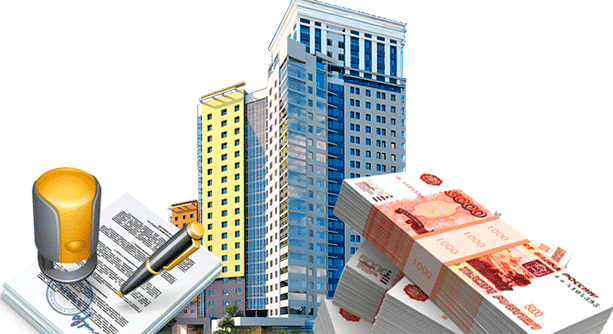 Городская архитектура с высотными зданиями, реклама на фасаде, микрофон и электронное устрой