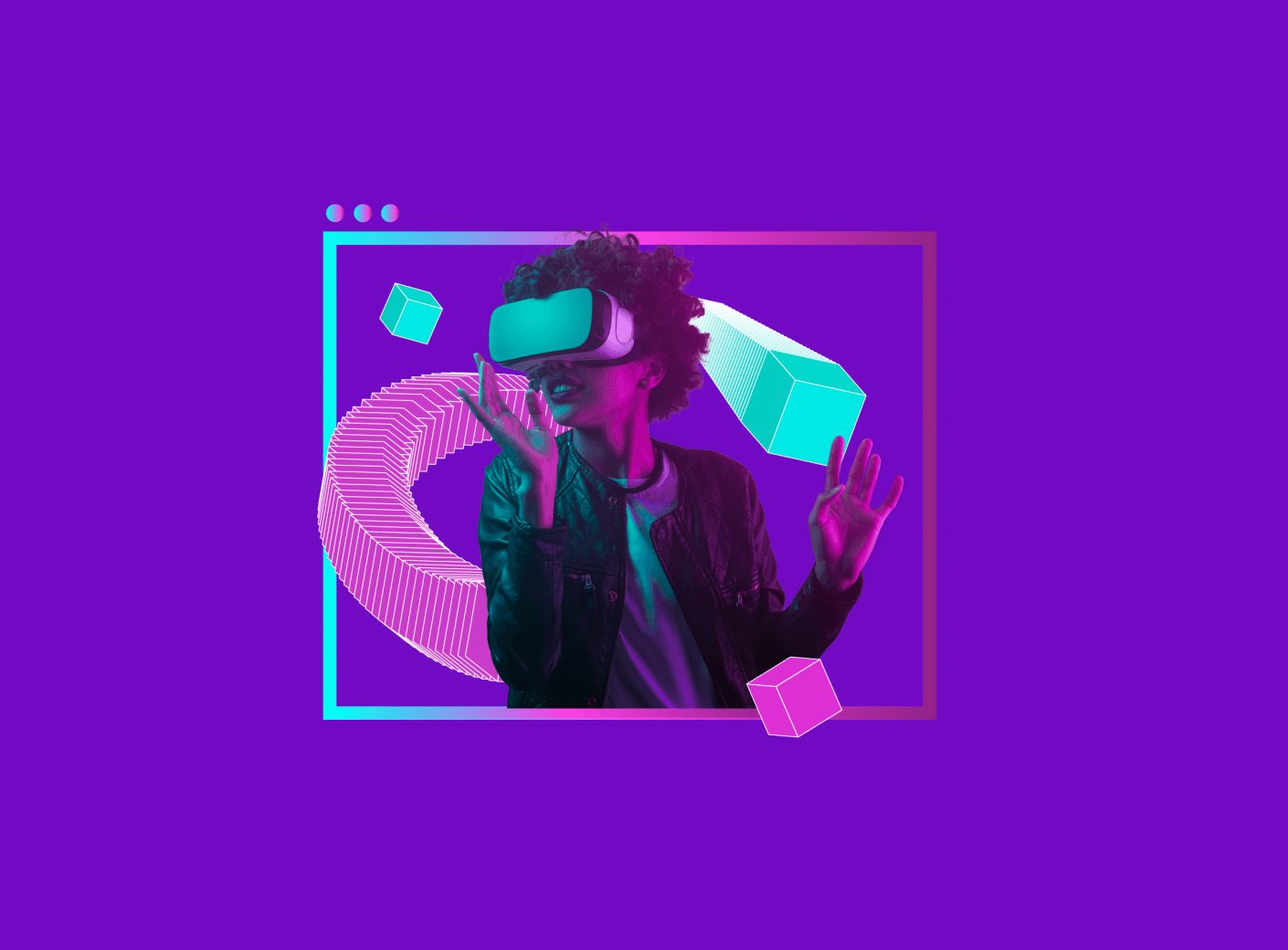 Фотография с человеком, надевающим фиолетовые очки VR, рассматривающим природу у воды.