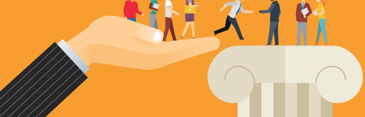 "Group of people viewing art in a crowd, one person holding advertisement."