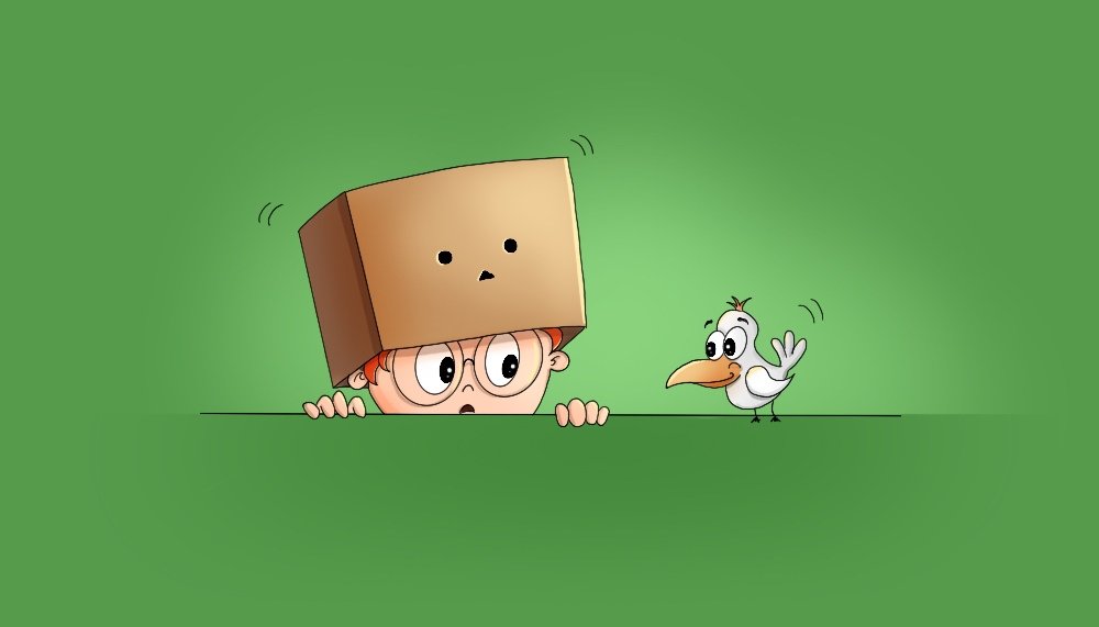 Карикатура птицы с головой человека, анималистическое лицо на синем фоне.