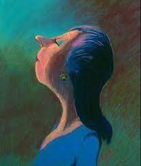 Живопись современного искусства человеческого лица на фоне акулы и рыбы.