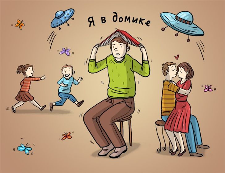 Человек в шляпе с книгой и комиксами, держащий малыша в одежде и обуви.