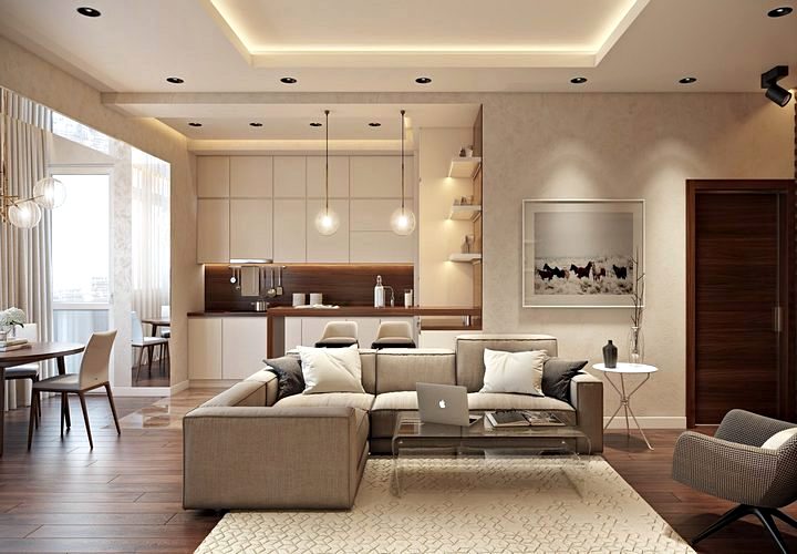 Декор дома: гостиная с книгой, диваном, креслом, ковром, ноутбуком, столом.