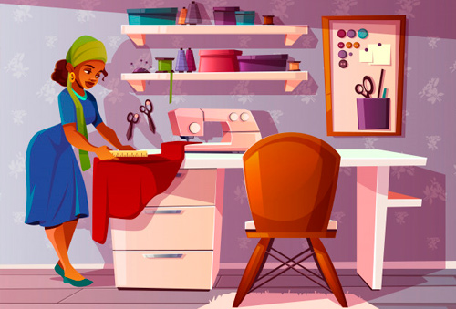 Стол и стул в комнате с человеком, шьет за столом с ножницами.