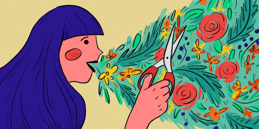 Женщина-взрослая исскуствовед в современном искусстве с лицом женщины и растениями.