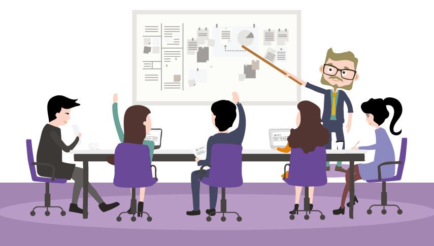 Люди ведут разговор за столом и стулами в интерьере.