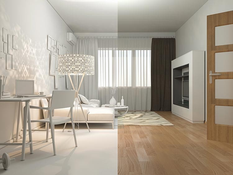 Просторная гостиная с дизайнерским креслом, стильным настольным светильником, ковры и ноутбуком.