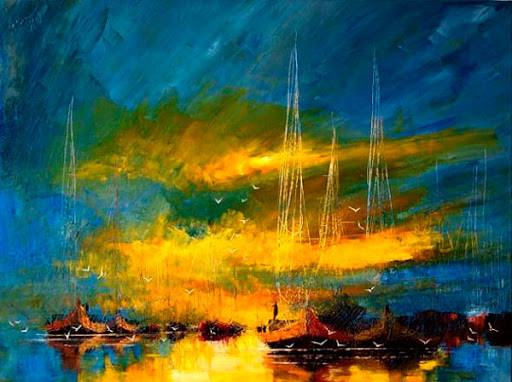 Живопись современного искусства: картина с парусником на холсте. Транспортное средство искусства.