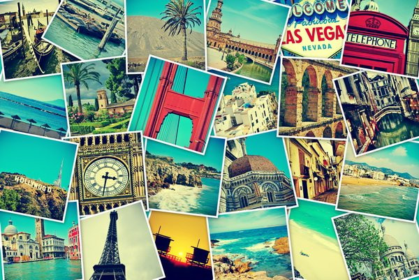 Искусство коллажа с архитектурой здания, включая часовую башню и башню.