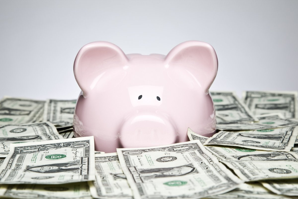 Фотография игрушечной копилки в виде свиньи с деньгами - игрушка, копилка, деньги.